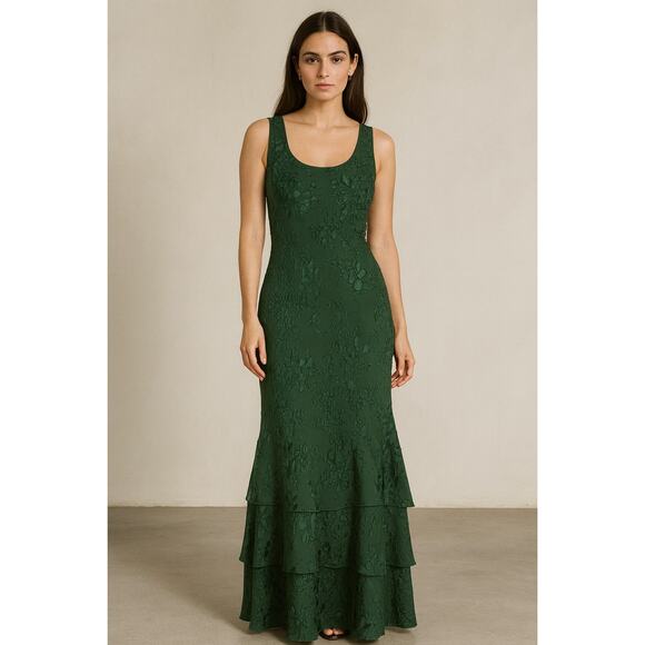 R&M Richards VTG Green Burnout Silk Blend Floral Tiered Maxi Dress Size Medium - Picture 1 of 12